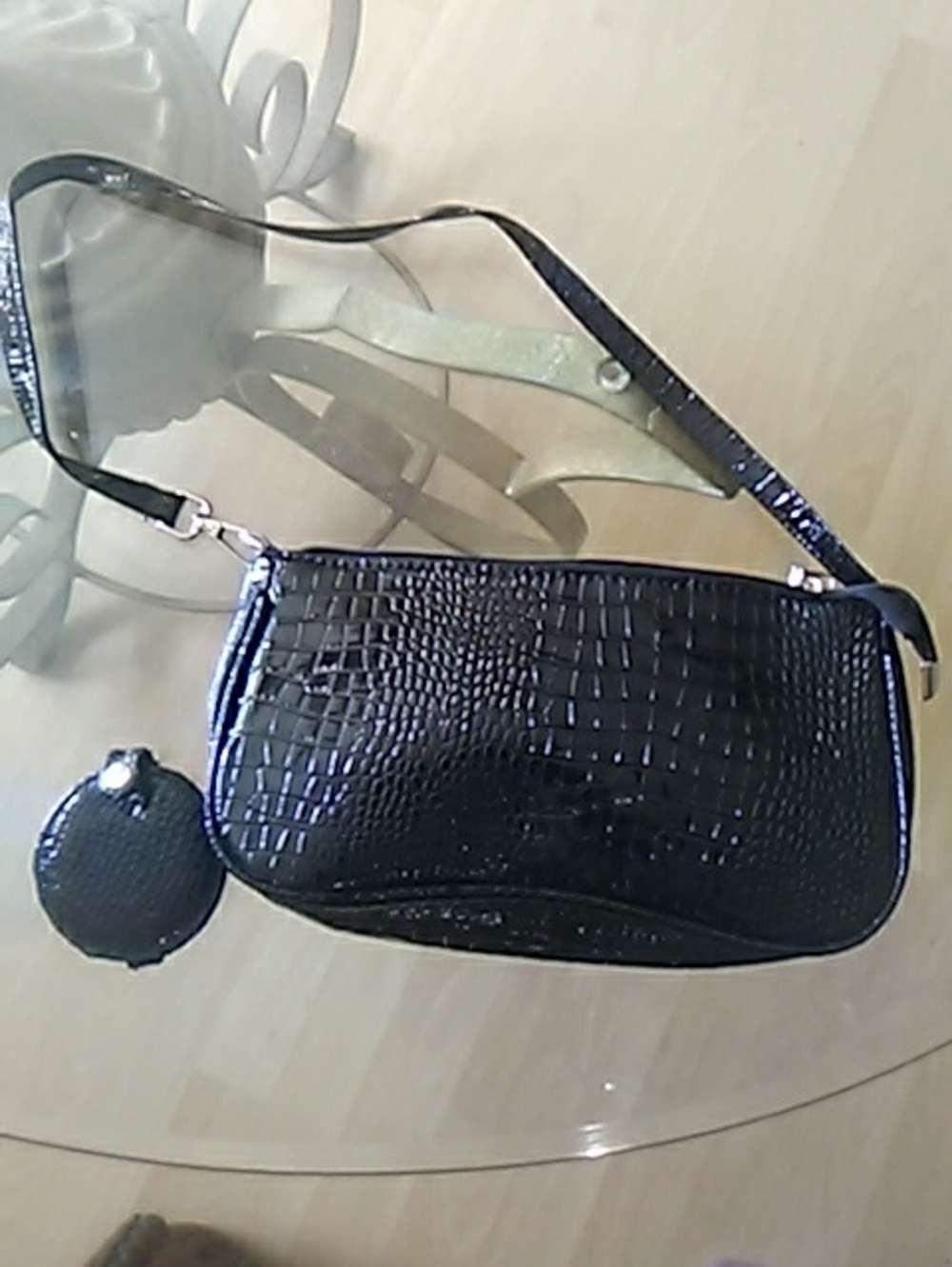 Black Croc-Embossed Shoulder Bag with Coin Pouch